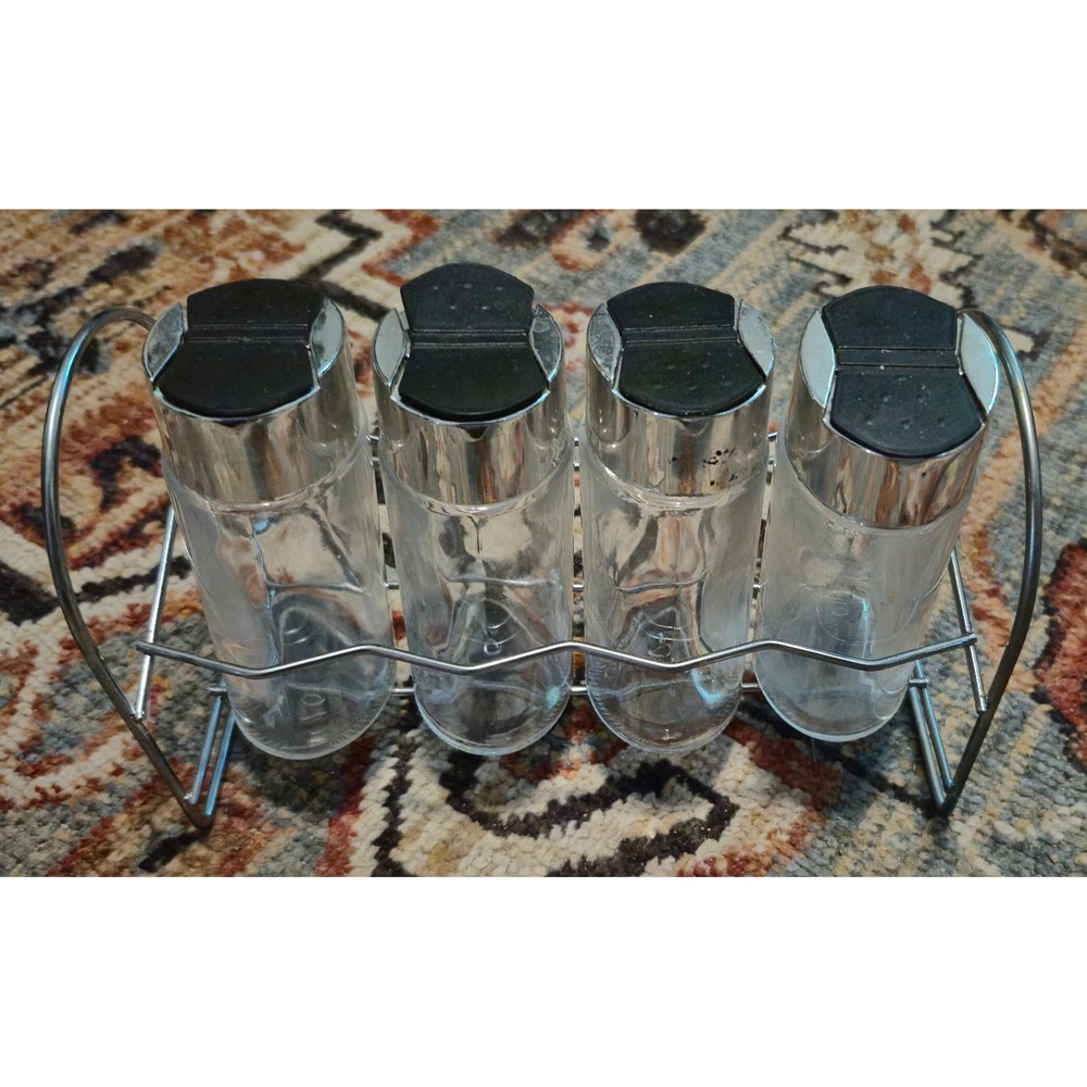 Chrome Spice Rack with 4 Glass Jars Dual Flip Lids Clear Glass Kitchen Organizer